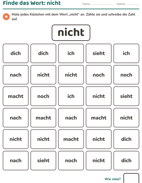 Vorschau: Lernwörter-Arbeitsblatt für Kindergarten