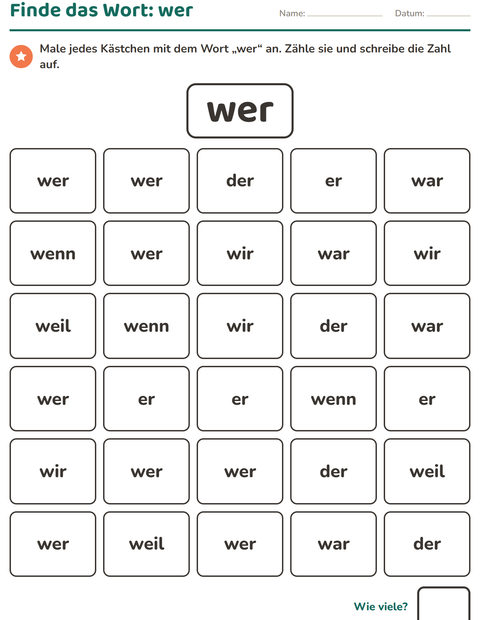 Vorschau: Lernwörter-Arbeitsblatt für Kindergarten