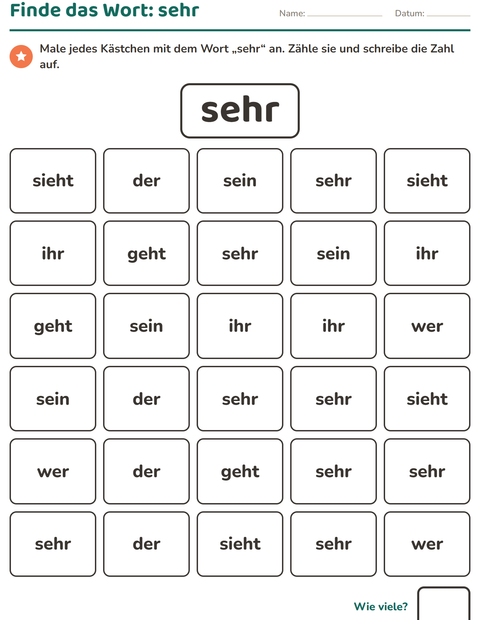 Vorschau: Lernwörter-Arbeitsblatt für Kindergarten