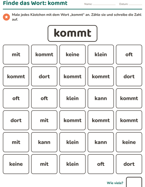 Vorschau: Lernwörter-Arbeitsblatt für Kindergarten