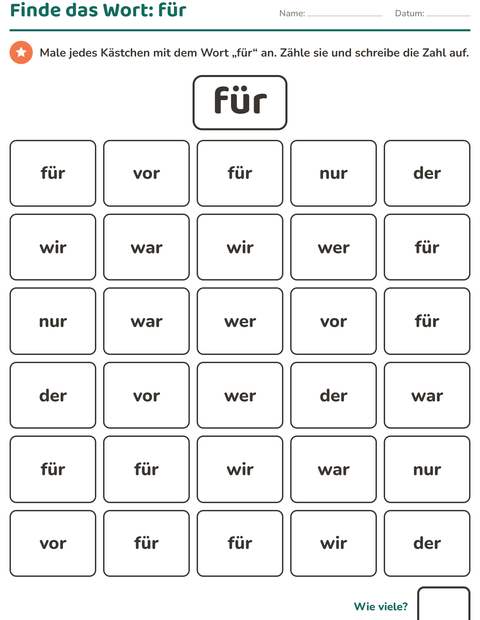 Vorschau: Lernwörter-Arbeitsblatt für Kindergarten
