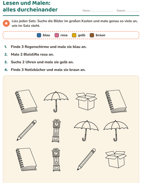 Vorschau: Lese-Mal-Blätter-Arbeitsblatt mit Bildung SW für 1. Klasse