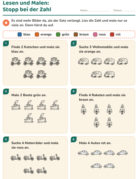 Vorschau: Lese-Mal-Blätter-Arbeitsblatt mit Fahrzeuge SW 3 für 1. Klasse
