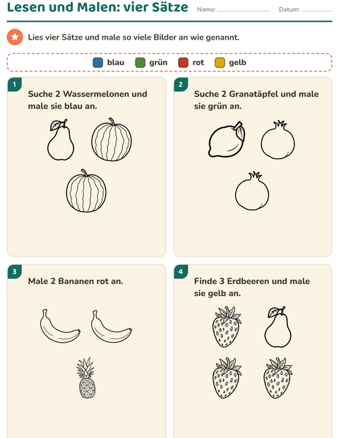 Vorschau: Lese-Mal-Blätter-Arbeitsblatt mit Früchte SW für 1. Klasse