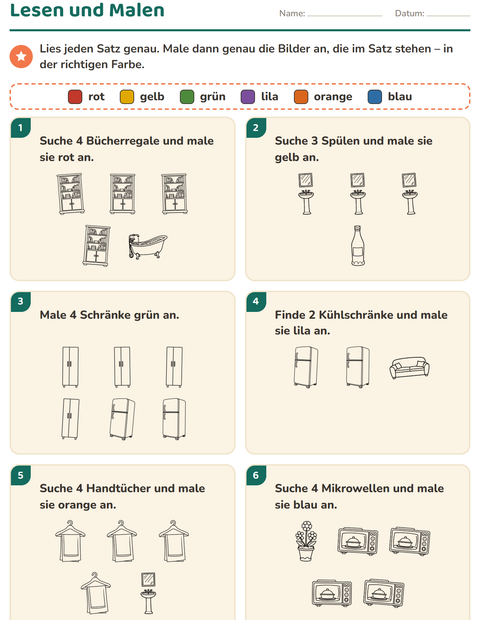 Vorschau: Lese-Mal-Blätter-Arbeitsblatt mit Haushalt SW für 1. Klasse