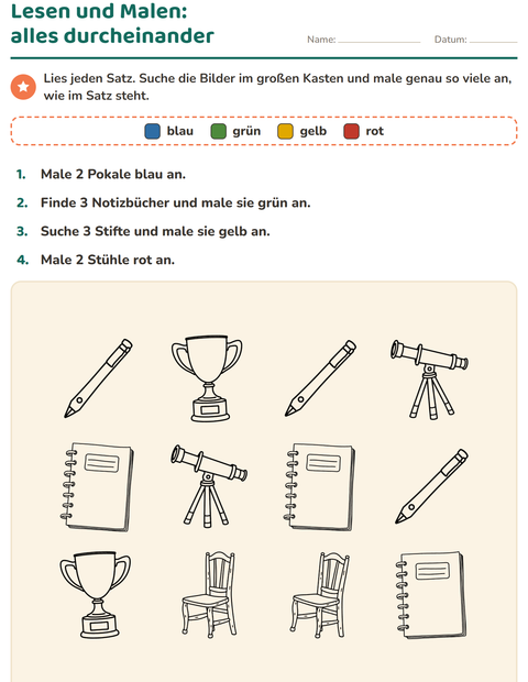 Vorschau: Lese-Mal-Blätter-Arbeitsblatt mit Klassenzimmer (S/W) für 1. Klasse
