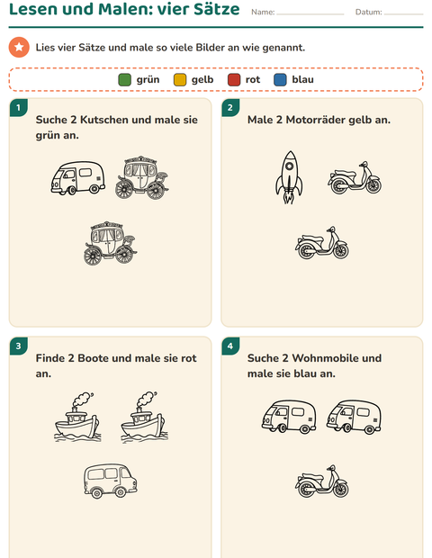 Vorschau: Lese-Mal-Blätter-Arbeitsblatt mit Fahrzeuge SW 3 für 1. Klasse