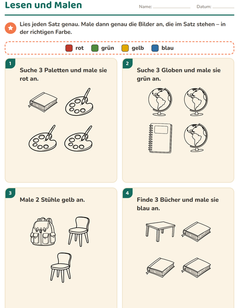 Vorschau: Lese-Mal-Blätter-Arbeitsblatt mit Klassenzimmer 2 (S/W) für 1. Klasse