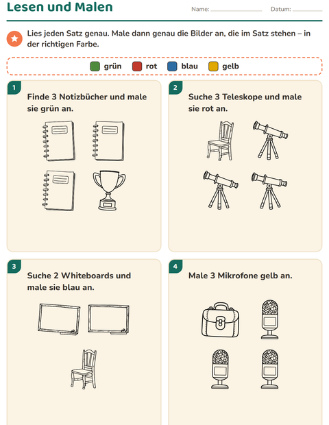 Vorschau: Lese-Mal-Blätter-Arbeitsblatt mit Klassenzimmer (S/W) für 1. Klasse