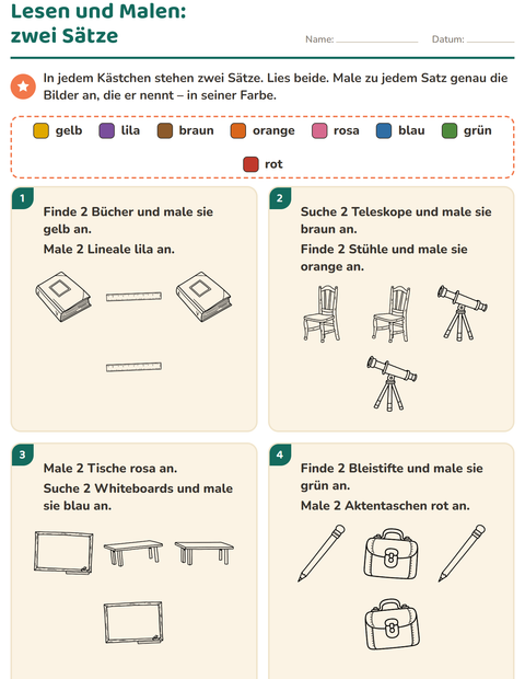 Vorschau: Lese-Mal-Blätter-Arbeitsblatt mit Klassenzimmer (S/W) für 1. Klasse