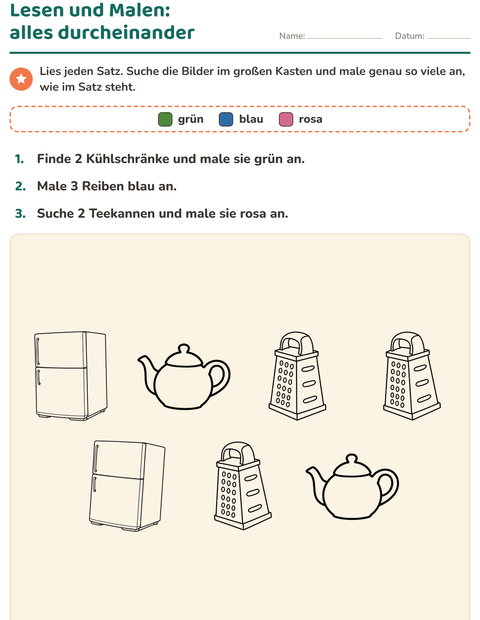 Vorschau: Lese-Mal-Blätter-Arbeitsblatt mit Küche SW für 1. Klasse