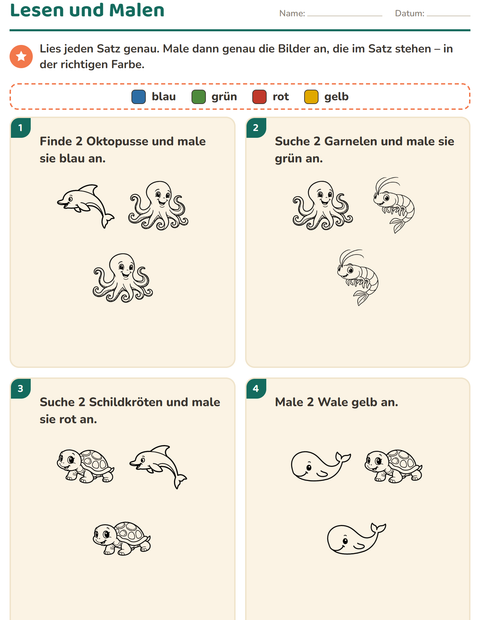 Vorschau: Lese-Mal-Blätter-Arbeitsblatt mit Meeresleben SW 2 für 1. Klasse