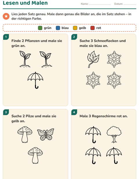 Vorschau: Lese-Mal-Blätter-Arbeitsblatt mit Natur SW für 1. Klasse