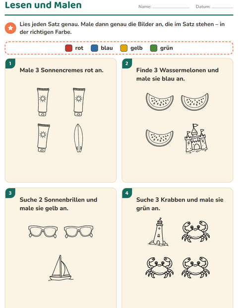 Vorschau: Lese-Mal-Blätter-Arbeitsblatt mit Strand SW für 1. Klasse