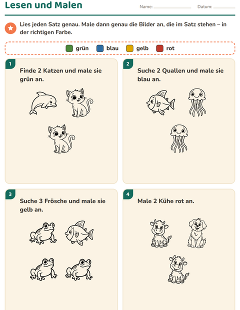 Vorschau: Lese-Mal-Blätter-Arbeitsblatt mit Tiere SW 3 für 1. Klasse