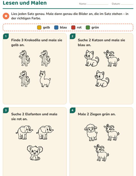 Vorschau: Lese-Mal-Blätter-Arbeitsblatt mit Tiere SW 4 für 1. Klasse