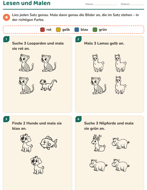 Vorschau: Lese-Mal-Blätter-Arbeitsblatt mit Tiere SW 5 für 1. Klasse