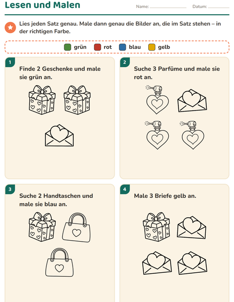 Vorschau: Lese-Mal-Blätter-Arbeitsblatt mit Valentinstag SW 2 für 1. Klasse