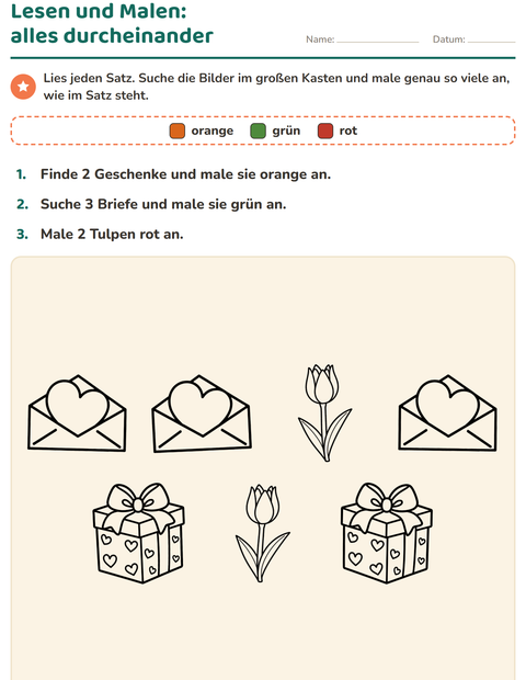 Vorschau: Lese-Mal-Blätter-Arbeitsblatt mit Valentinstag SW 2 für 1. Klasse