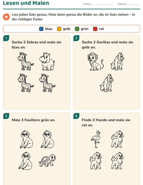 Vorschau: Lese-Mal-Blätter-Arbeitsblatt mit Zootiere SW für 1. Klasse