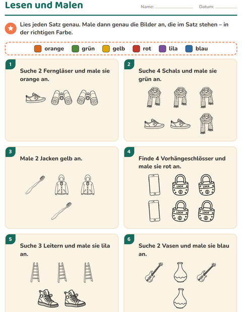 Vorschau: Lese-Mal-Blätter-Arbeitsblatt mit Objekte SW für 1. Klasse