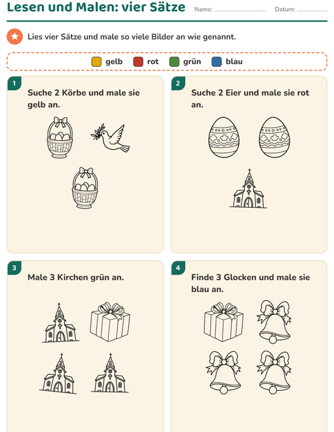 Vorschau: Lese-Mal-Blätter-Arbeitsblatt mit Ostern SW 2 für 1. Klasse