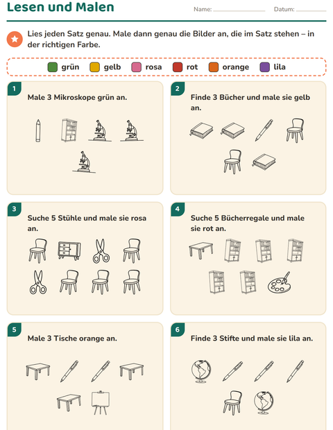 Vorschau: Lese-Mal-Blätter-Arbeitsblatt mit Klassenzimmer 2 (S/W) für 1. Klasse