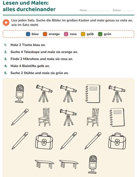 Vorschau: Lese-Mal-Blätter-Arbeitsblatt mit Klassenzimmer (S/W) für 1. Klasse
