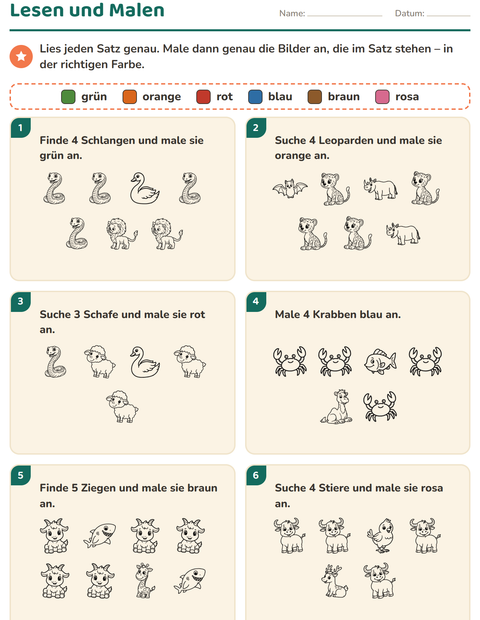Vorschau: Lese-Mal-Blätter-Arbeitsblatt mit Tiere SW 5 für 1. Klasse