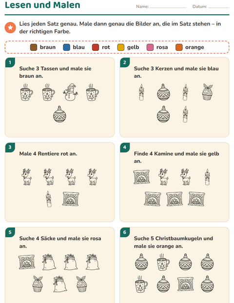 Vorschau: Lese-Mal-Blätter-Arbeitsblatt mit Weihnachten S/W 2 für 1. Klasse