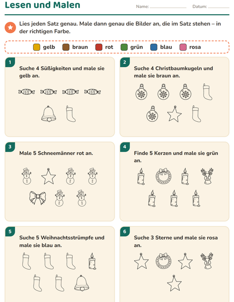 Vorschau: Lese-Mal-Blätter-Arbeitsblatt mit Weihnachten S/W für 1. Klasse