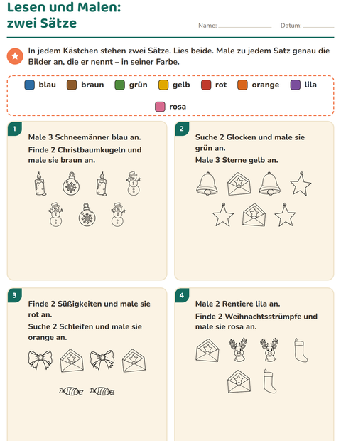Vorschau: Lese-Mal-Blätter-Arbeitsblatt mit Weihnachten S/W für 1. Klasse