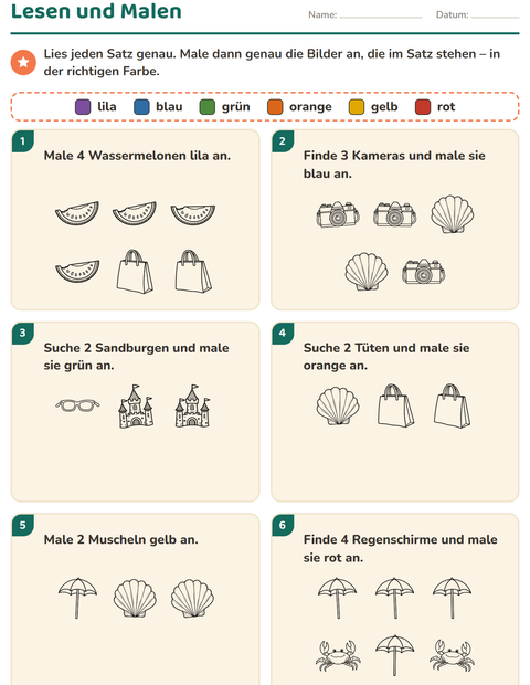 Vorschau: Lese-Mal-Blätter-Arbeitsblatt mit Strand SW 2 für 1. Klasse