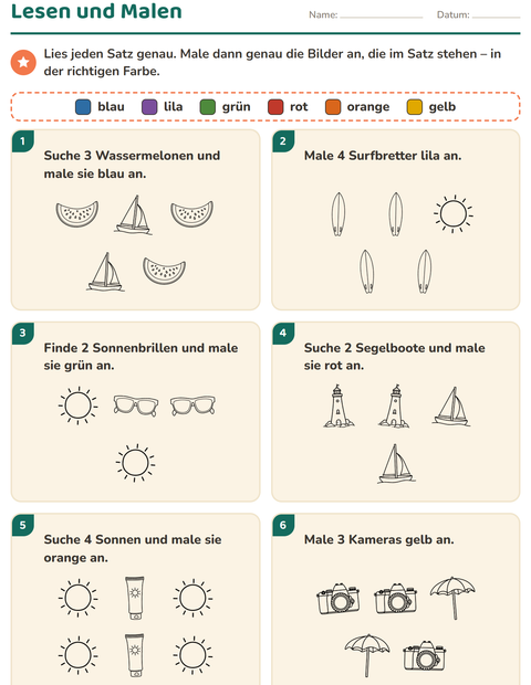 Vorschau: Lese-Mal-Blätter-Arbeitsblatt mit Strand SW für 1. Klasse
