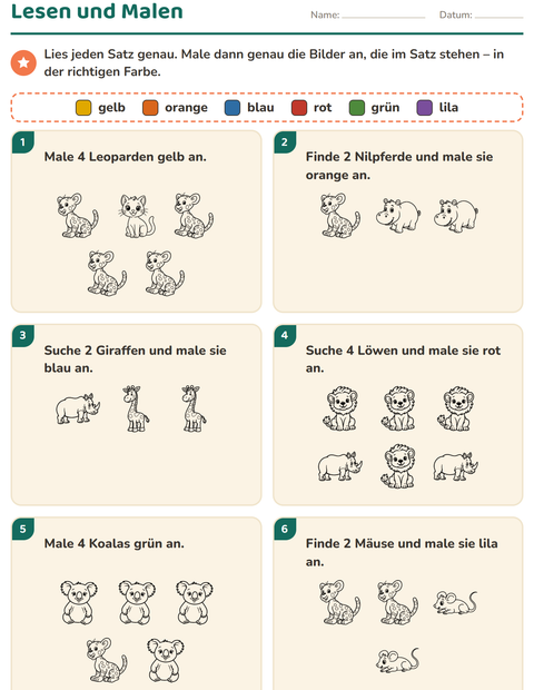 Vorschau: Lese-Mal-Blätter-Arbeitsblatt mit Tiere SW 2 für 1. Klasse