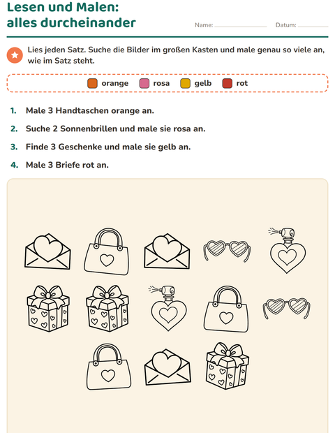 Vorschau: Lese-Mal-Blätter-Arbeitsblatt mit Valentinstag SW 2 für 1. Klasse