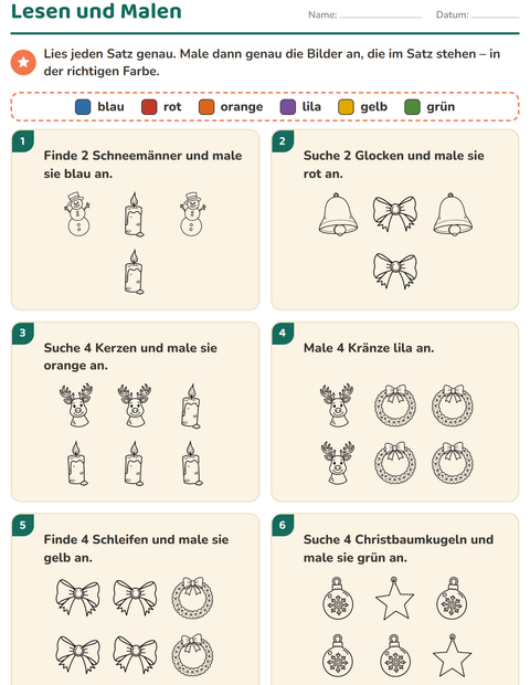 Vorschau: Lese-Mal-Blätter-Arbeitsblatt mit Weihnachten S/W für 1. Klasse