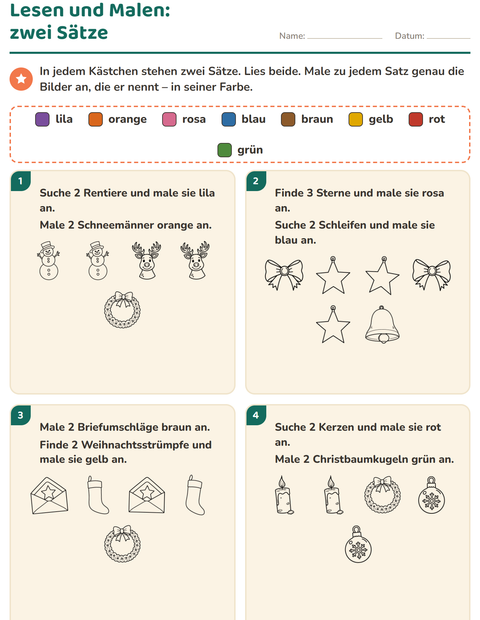 Vorschau: Lese-Mal-Blätter-Arbeitsblatt mit Weihnachten S/W für 1. Klasse