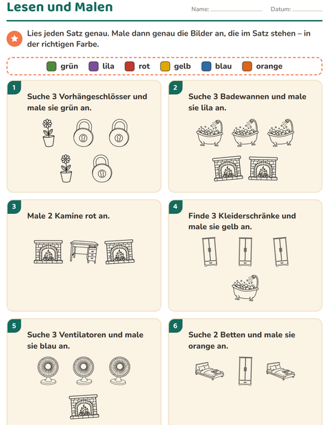 Vorschau: Lese-Mal-Blätter-Arbeitsblatt mit Zuhause SW 2 für 1. Klasse