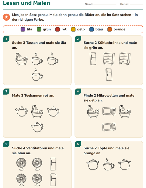 Vorschau: Lese-Mal-Blätter-Arbeitsblatt mit Zuhause SW für 1. Klasse
