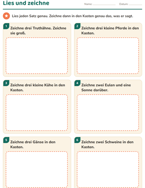 Vorschau: Leseaufträge-Arbeitsblatt mit Bauernhoftiere für 1. Klasse