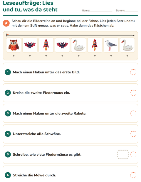 Vorschau: Leseaufträge-Arbeitsblatt mit Dinge die fliegen für 1. Klasse