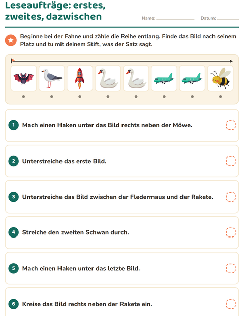 Vorschau: Leseaufträge-Arbeitsblatt mit Dinge die fliegen für 1. Klasse