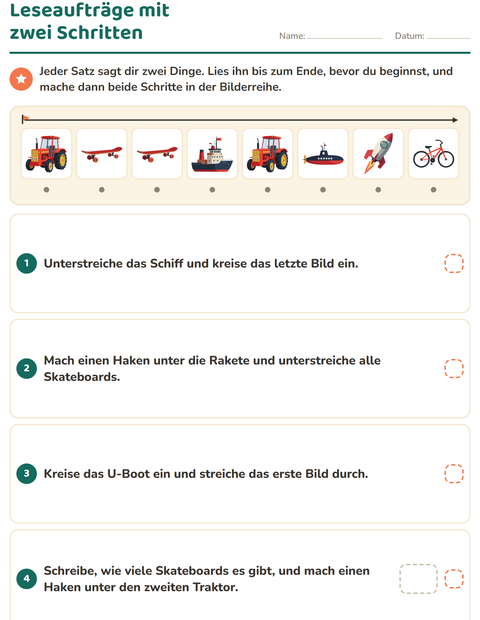 Vorschau: Leseaufträge-Arbeitsblatt mit Fahrzeuge für 1. Klasse