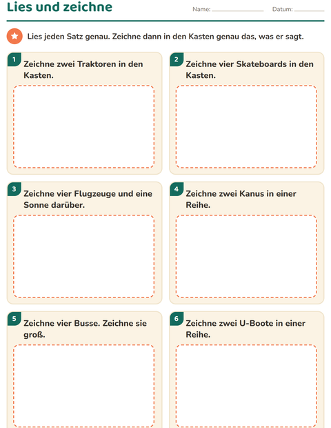 Vorschau: Lies und zeichne – Fahrzeuge in der richtigen Anzahl in den Kasten