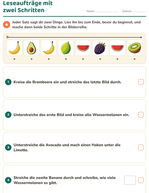 Vorschau: Leseaufträge-Arbeitsblatt mit Früchte für 1. Klasse