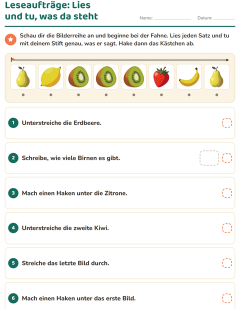 Vorschau: Leseaufträge-Arbeitsblatt mit Im Supermarkt für 1. Klasse