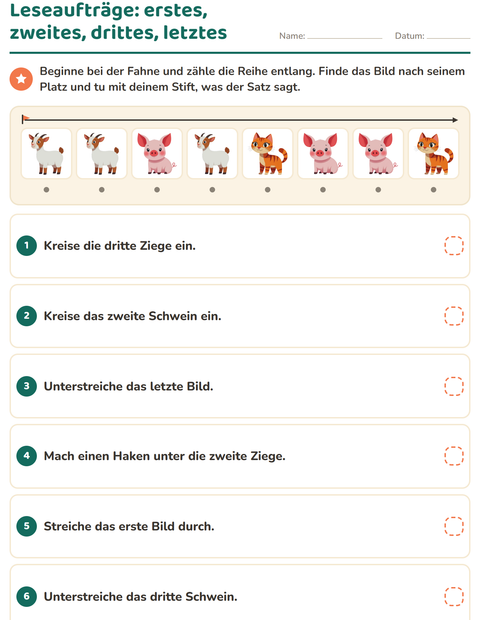 Vorschau: Leseaufträge-Arbeitsblatt mit Bauernhoftiere für 1. Klasse