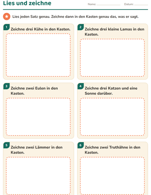 Vorschau: Leseaufträge-Arbeitsblatt mit Bauernhoftiere für 1. Klasse