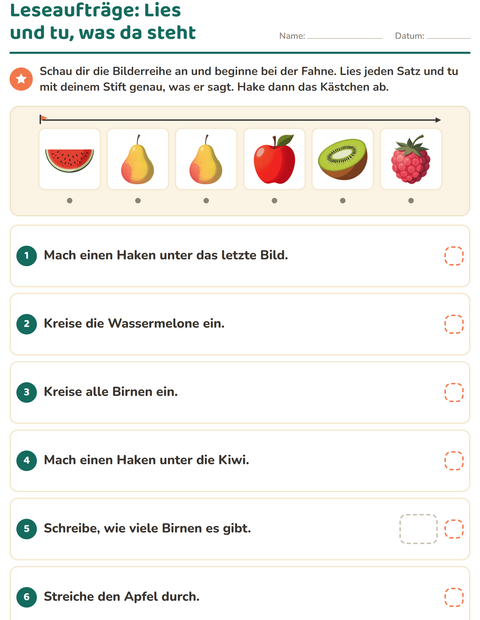 Vorschau: Leseaufträge-Arbeitsblatt mit Früchte für 1. Klasse